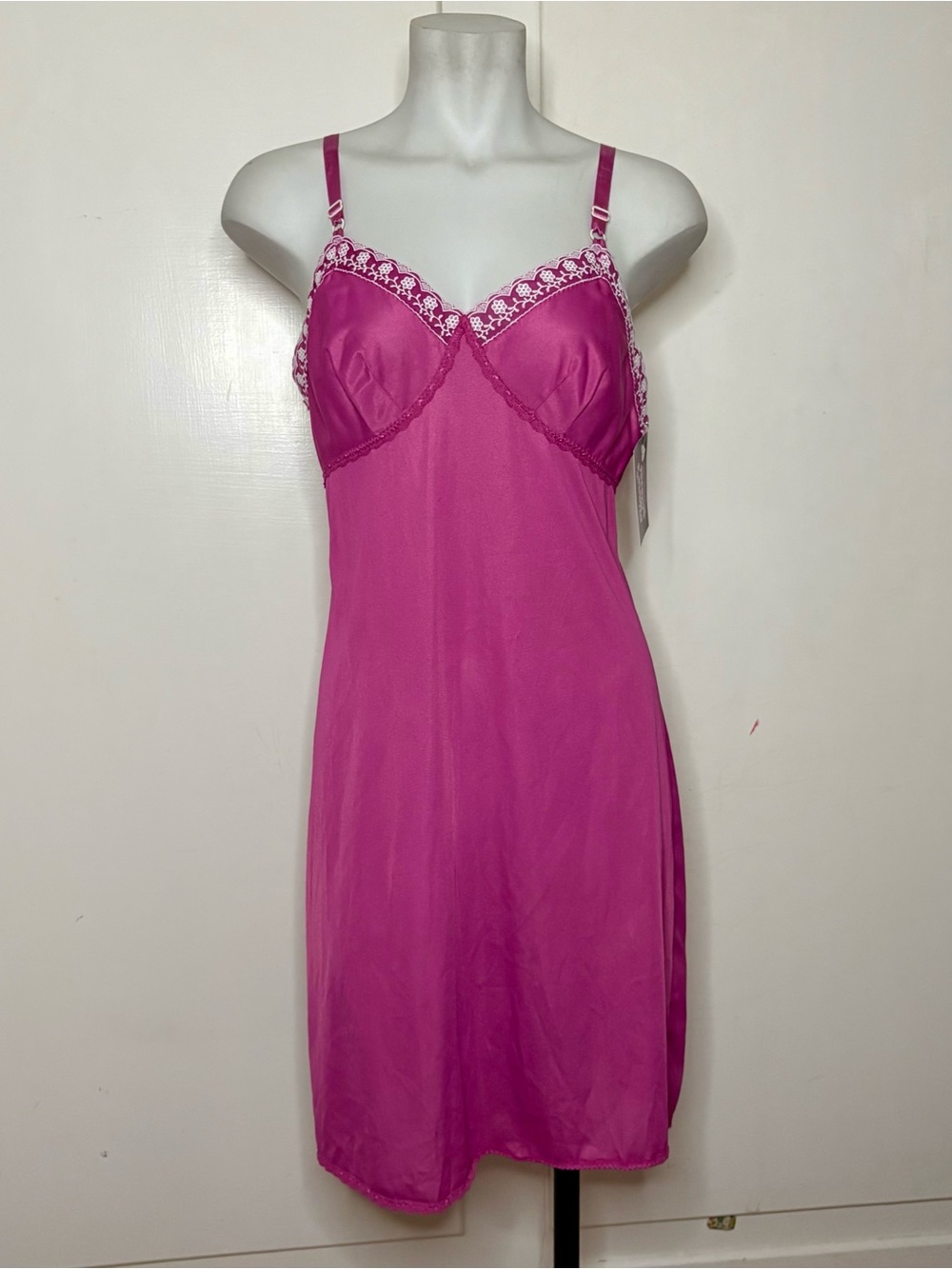 Vintage 70s Fuchsia Hand Dyed Lace Trim Mini Slip Dress